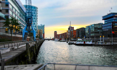 Miniature view of Hafencity wih water and cranes in Hamburg Germany
