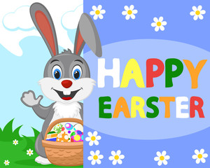 Hare with Easter eggs waving his paw from behind the background with the text.