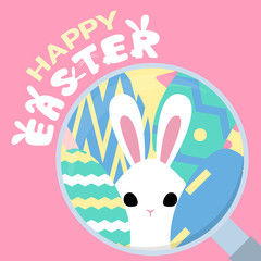 happy easter greeting card, egg hunt template, rabbit behind egg magnifying glass concept, vector illustration