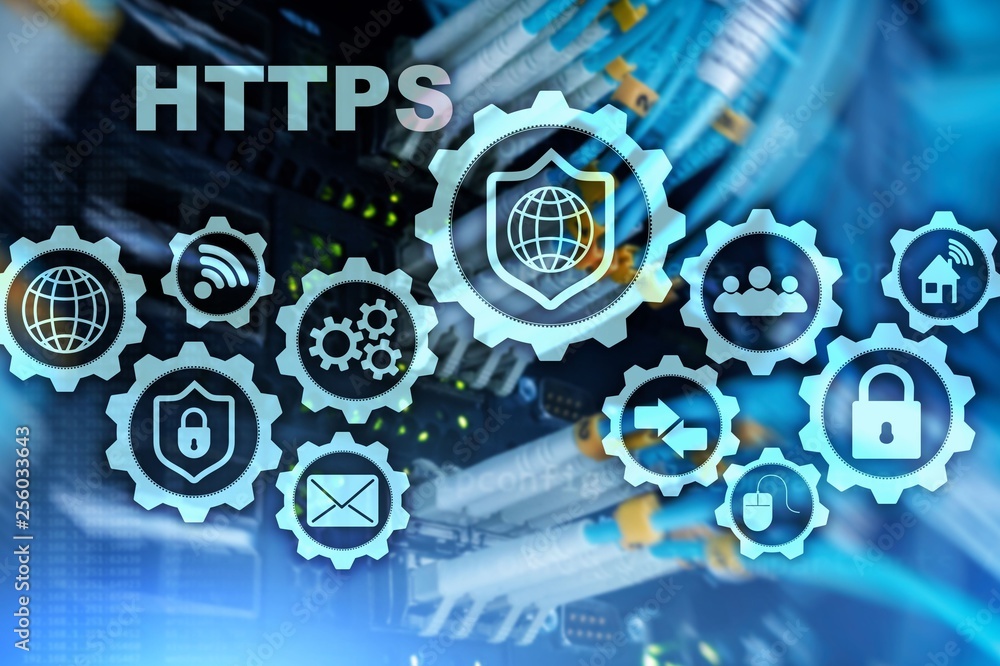 Poster https. hypertext transport protocol secure. technology concept on server room background. virtual ic