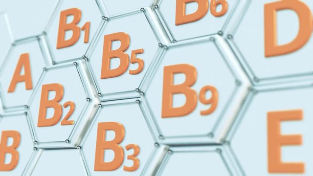 close up view of an hexagon grid with vitamins name (3d render)