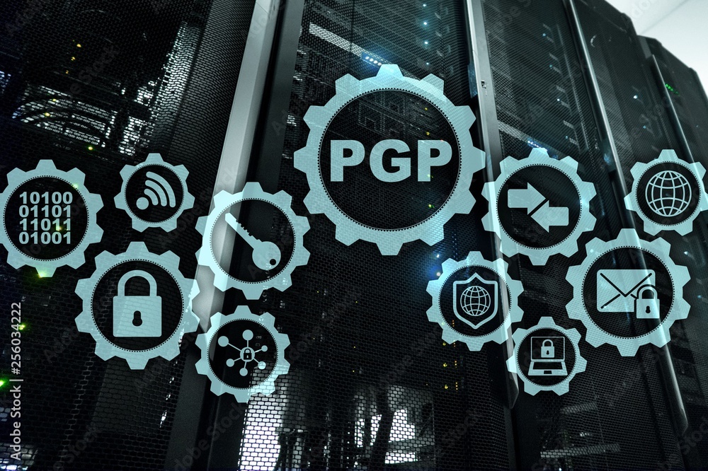 Poster pgp. pretty good privacy. technology encryption and security concept.