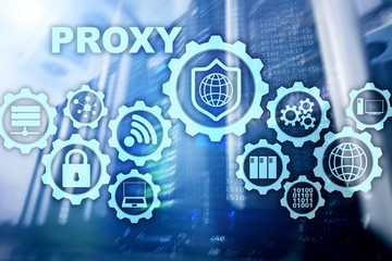 Proxy server. Cyber security. Concept of network security on virtual screen. Server room background.