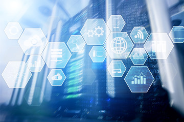 Technology infrastructure cloud technology and communication. Servers room data