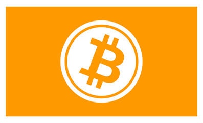 Simple orange bitcoin flag. Tilted BTC symbol in circle.