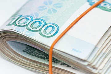Russian money. 1000 roubles bills, close up