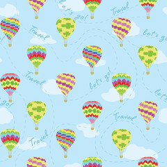 Vector repeat pattern of hot air balloons in sky among clouds with tracking lines and words lets go, travel. Colorful balloons print for wallpaper, travel themed fabric, home decor, scrapbooking.