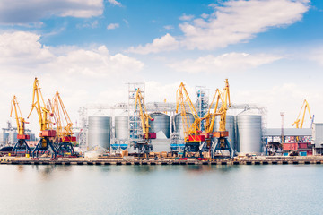 Obraz premium Cranes and other special equipment in sea port, international commerce delivery concept. Logistic import export and transport industry background