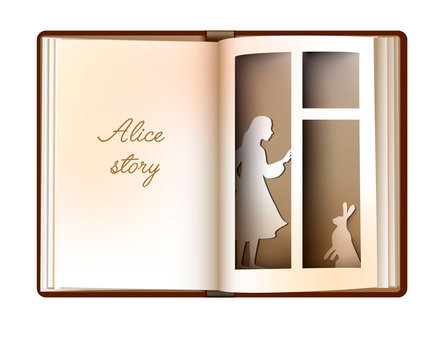 Alice story idea, reading and imagination concept, vintage empty book page looks like window with girl silhouette and rabbit,