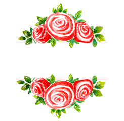Watercolor bush of three roses with leaves in the form of a horizontal frame on a white background, empty middle. For invitations, greetings, as a template.