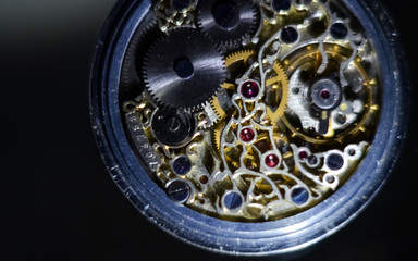 Skeleton hours. Antique antique clockwork, jewelry engraving. mechanical pocket watch close-up, selective focus.