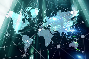 World map with communication network on server room background.