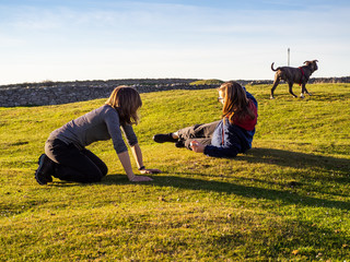 Two women playing with a young dog of the American staffordshire breed in countryside in springtime