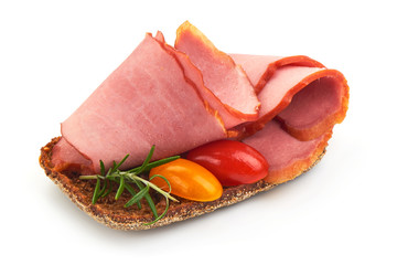 Smoked ham slices, pork tenderloin, preserved fillet, close-up, isolated on white background