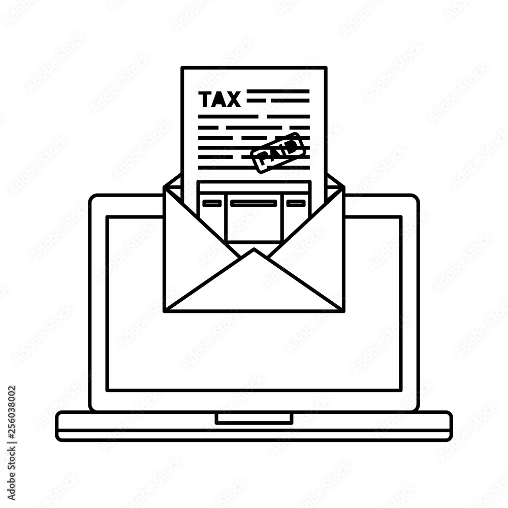Poster laptop computer with tax documents in envelope