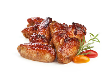 Buffalo chicken wings with barbecue sauce, american food, close-up, isolated on white background