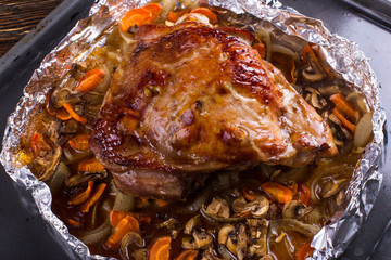 Thigh turkey baked in the oven with spices. Healthy food. Thanksgiving dinner.