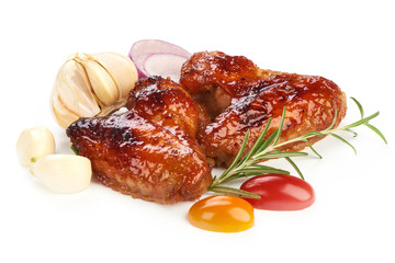Baked chicken wings with bbq sauce, american food, close-up, isolated on white background