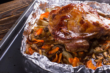 Thigh turkey baked in the oven with spices. Healthy food. Thanksgiving dinner.