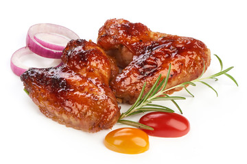 Roasted Buffalo chicken wings with barbecue sauce, american food, close-up, isolated on white background