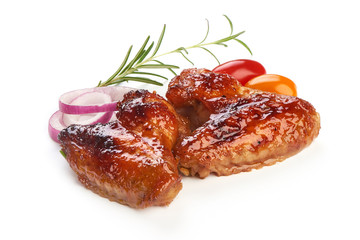 Spicy Roasted chicken wings with barbecue sauce, american food, close-up, isolated on white background