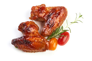 Buffalo chicken wings with barbecue sauce, american food, close-up, isolated on white background