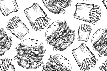 Burgers seamless pattern. Hand drawn hamburger and french fries. Fast food, junk food pattern. American food. Burgers restaurant menu design. Hamburger sandwich sketch style.