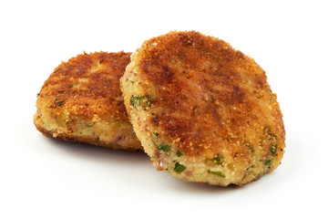 Fried breaded pork chops, cutlets in breadcrumbs, Traditional Polish dish, close-up, isolated on white background