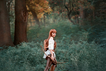 image of a forest hunter, an attractive girl with long red hair in a white shirt and leather pants...