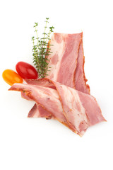 Smoked bacon, sliced pork brisket with rosemary, american food, top view, isolated on white background