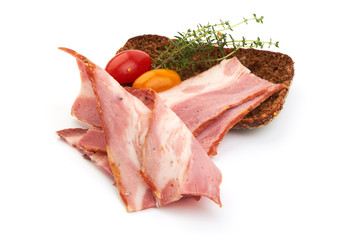 Sliced Smoked bacon, pork brisket with rosemary, american food, close-up, isolated on white background