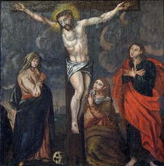 Crucifixion Jesus dies on the cross, altarpiece in the Church of the Saint Barbara in Velika Mlaka,...
