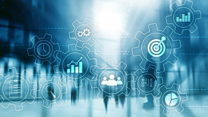 Business process automation concept. Gears and icons on abstract background. Blue abstract - obrazy, fototapety, plakaty