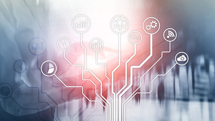 Business applications icons on blurred background. Financial and trading. Internet technology concept.