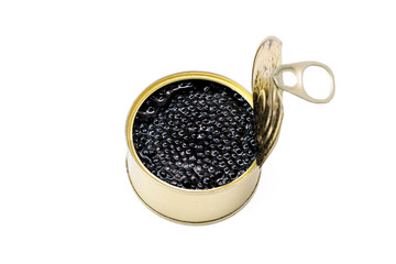 Black caviar of sturgeon in a jar on a white isolated background