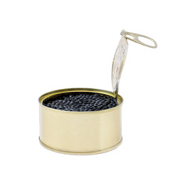 Open can of black caviar nv white isolated background