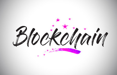 Blockchain Handwritten Word Font with Vibrant Violet Purple Stars and Confetti Vector.