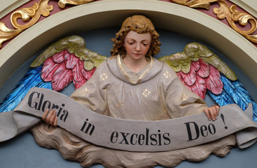 Angel with Gloria in excelsis Deo Banner, Nativity Scene, altarpiece in the church of Saint Matthew...