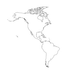 Vector illustration with map of North and South America continent. Black line silhouettes, white background. 