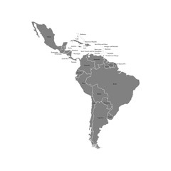 Vector illustration with map of South America continent and part of Central America. Grey silhouettes, white grey background. Text with names of independent states