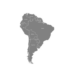 Vector illustration with map of South America continent. Grey silhouettes, white background. Text with names of independent states