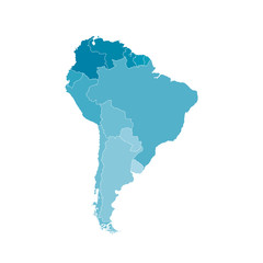 Fototapeta premium Vector illustration with map of South America continent. Blue silhouettes, white background. 