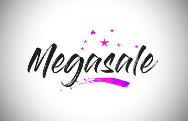 Megasale  Handwritten Word Font with Vibrant Violet Purple Stars and Confetti Vector.