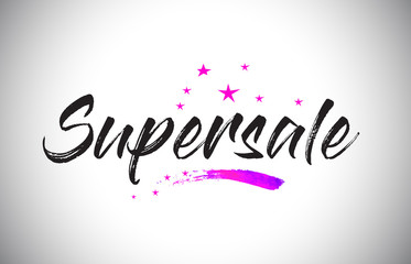 Supersale  Handwritten Word Font with Vibrant Violet Purple Stars and Confetti Vector.