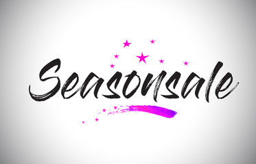 Seasonsale Handwritten Word Font with Vibrant Violet Purple Stars and Confetti Vector.
