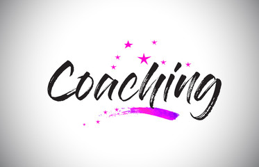 Coaching Handwritten Word Font with Vibrant Violet Purple Stars and Confetti Vector.