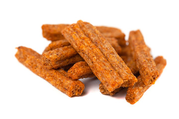 Croutons of toasted bread on white background