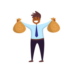 Happy smiling afro-american employee holding two bags of money turned to viewer