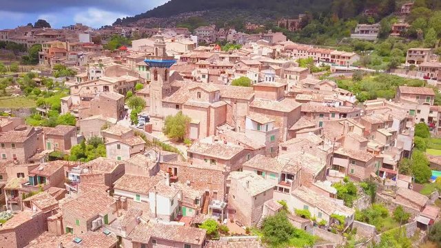 Valldemossa aerial view of the city in mountains, Mallorca Spain. Sunny day in Valldemoss. Famous city in Majorca.