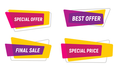 Modern neon sale tags collection. Price label text shape bubble wholesale purchase banner promotional colorful shopping vector sticker isolated on white